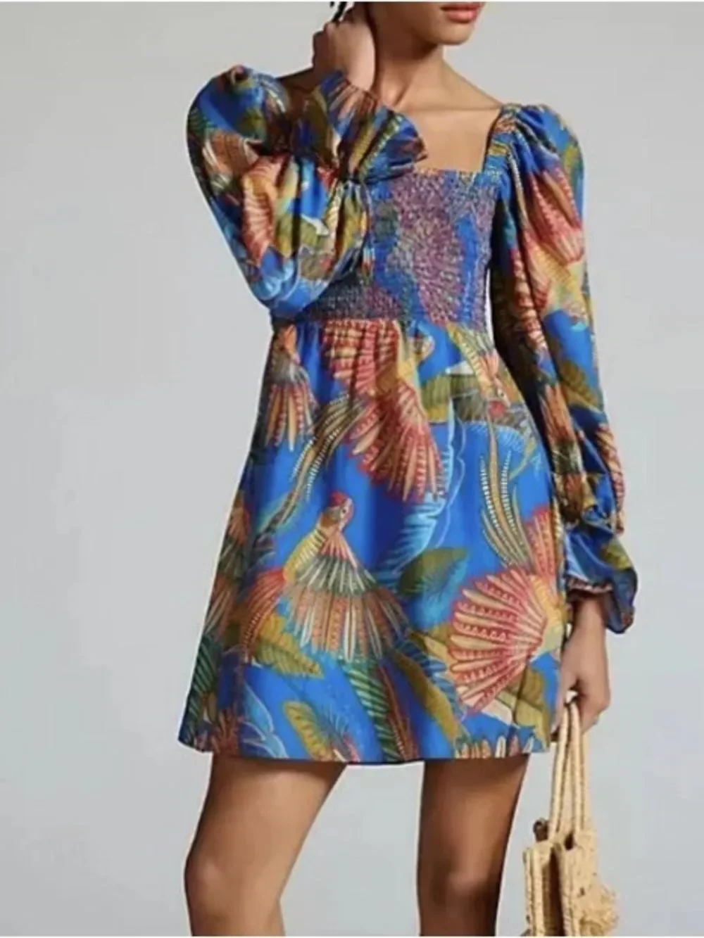 FARM Rio Macaw Flight Mini Dress featuring a smocked bodice size extra small